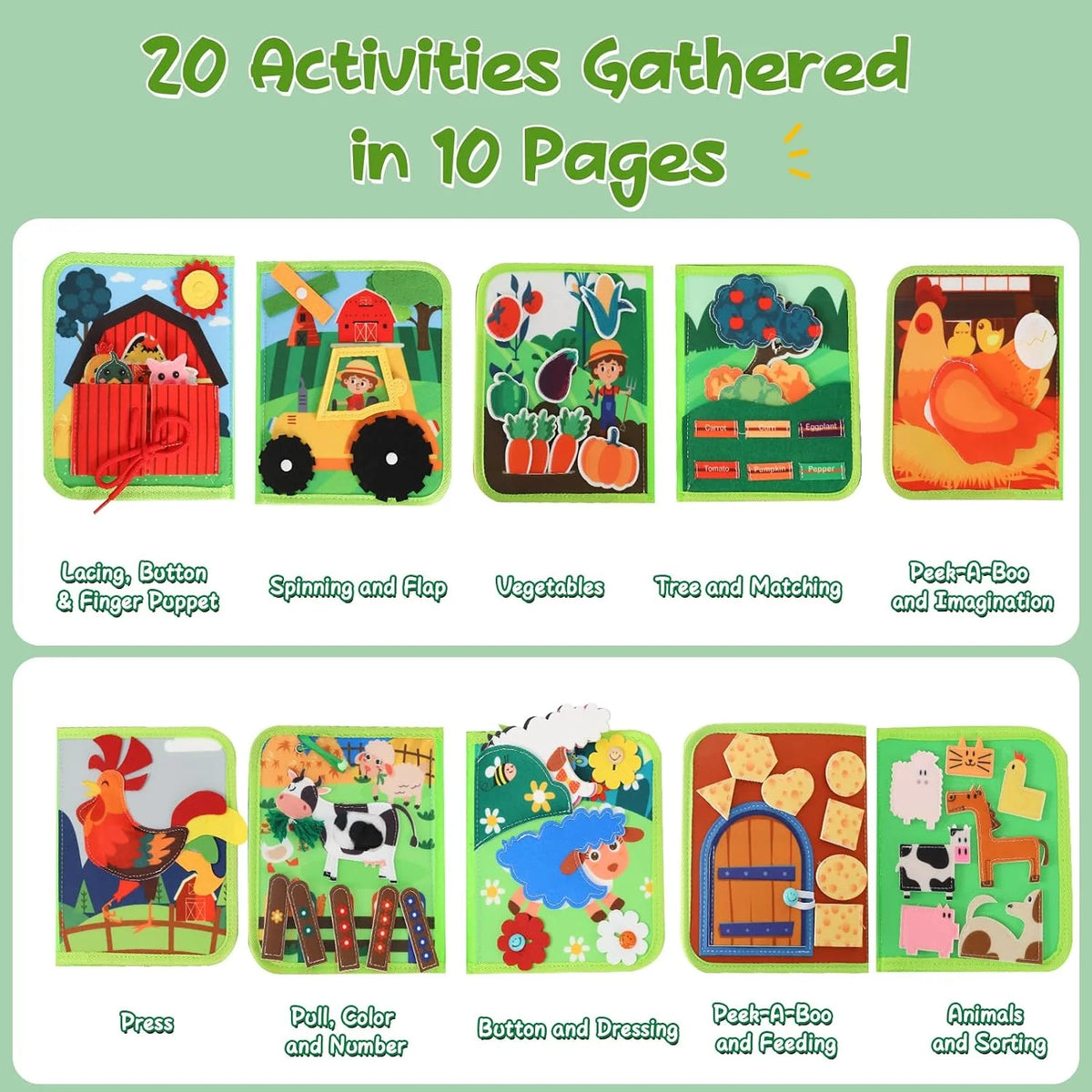Montessori Farm Busy Book Sensory Learning Toy for Toddlers