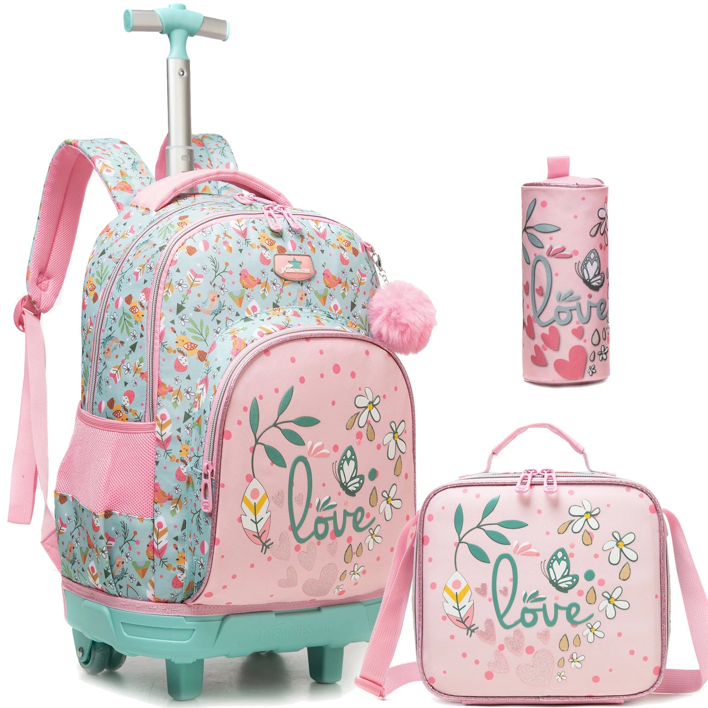 3-Piece Girls Stylish Rolling Backpack Set Perfect for Girls with Wheeled Luggage Lunch Bag Pencil Case for School Travel