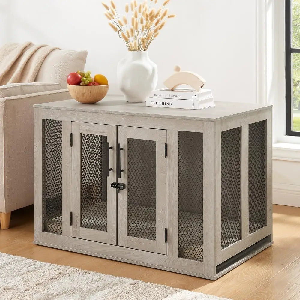 urniture Style Dog Crate with Cushion and Tray, Mesh Dog Kennels with Double Do, End Table Dog House, Medium Crate Indoor Use, C