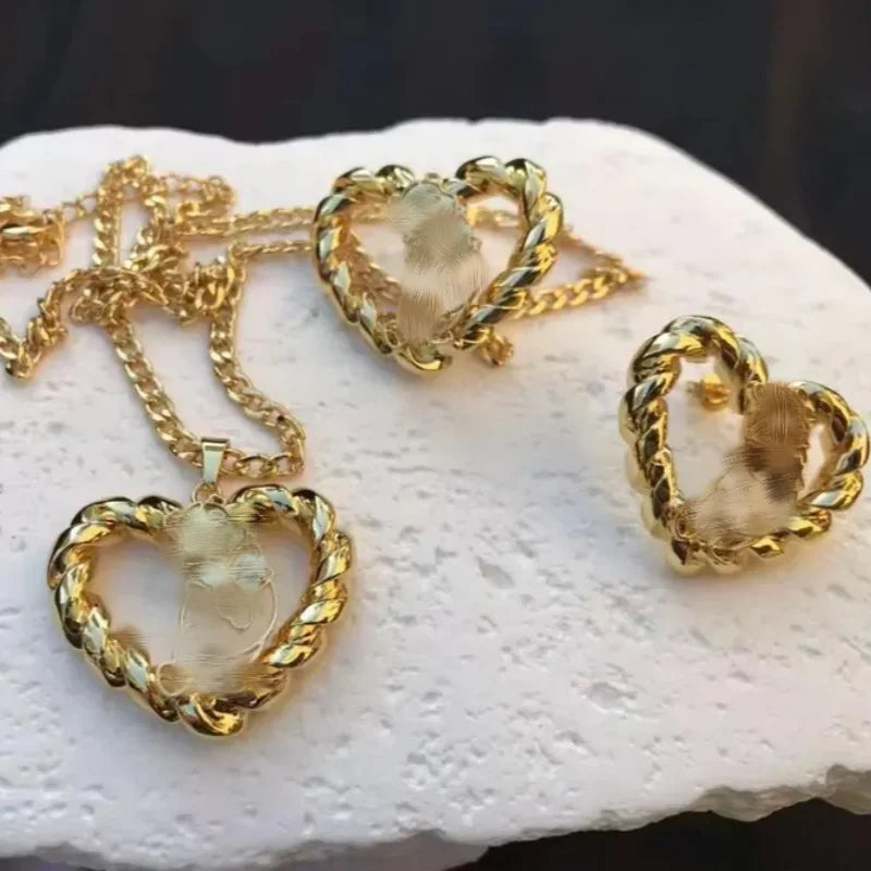 Personalized Name And Pattern Heart Necklace And Earrings Jewelry Set