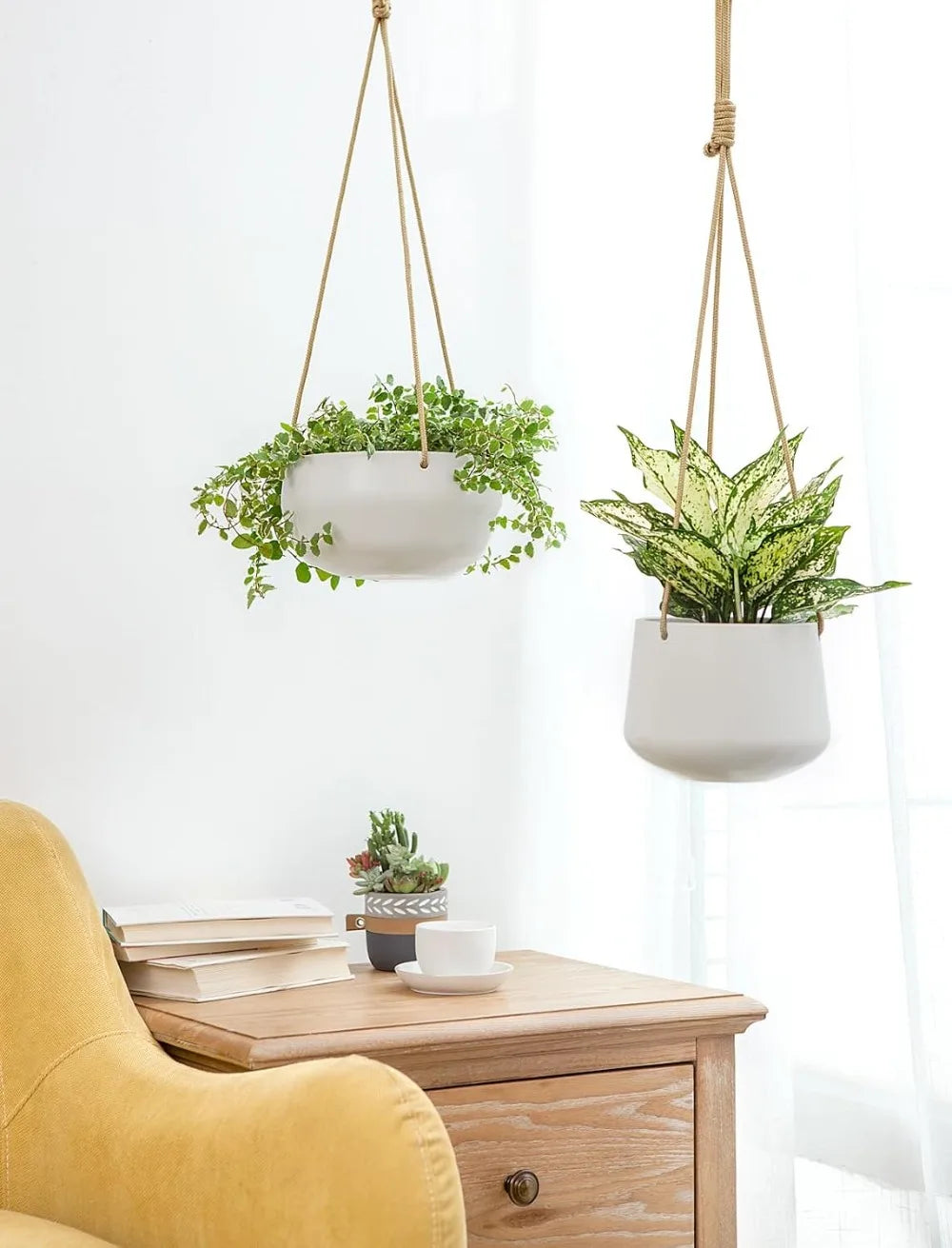 Ceramic Hanging Planters for Indoor Plants, 8" Shallow & 6" Deep 2Pcs | Modern Minimalist Plant Pots, Geometric Porcelain, Hanging Basket with Rope Hanger Drainage Holes