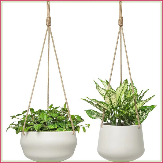 Ceramic Hanging Planters for Indoor Plants, 8" Shallow & 6" Deep 2Pcs | Modern Minimalist Plant Pots, Geometric Porcelain, Hanging Basket with Rope Hanger Drainage Holes