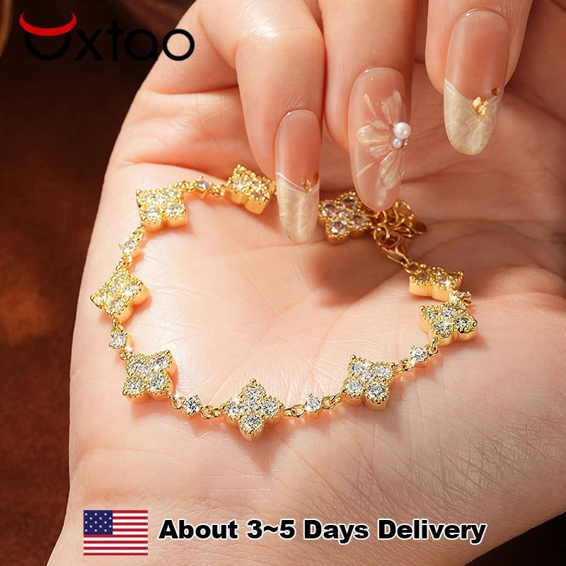 OXTAO Certified Moissanite Clover Flower Bracelets 3mm&2.5mm&2mm D VVS1 14K Gold Filled Chains Bracelet Wedding Jewelry Gifts