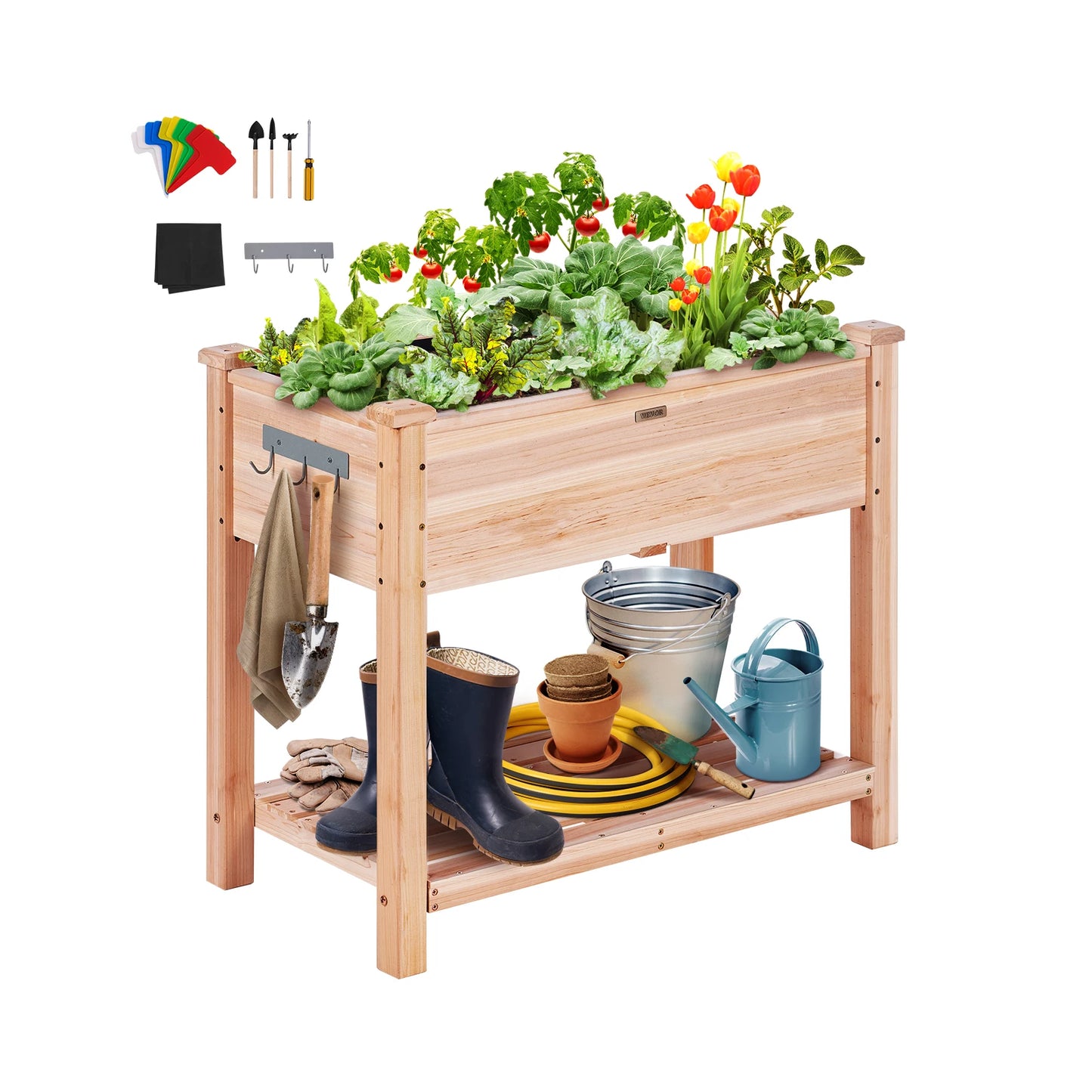 SucceBuy Wooden Raised Garden Bed Planter Box Elevated/Floor w/ Whole Kit and Drainage System for Planting Flower Vegetable Herb