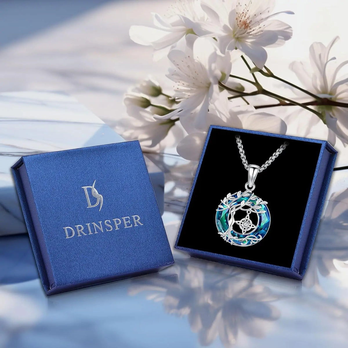 DRINSPER Sterling Silver Tree Of Life Crystal Witch Knot Necklace