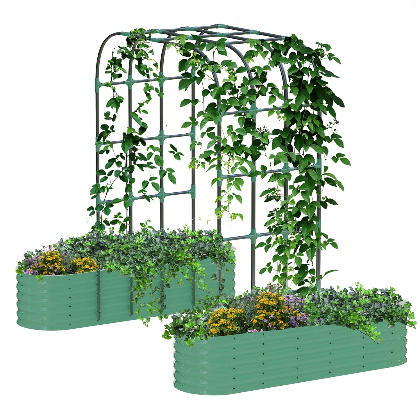 Galvanized Raised Garden Bed with 96in Arch Trellis, Rustproof Expandable Planter Box for Vines Flowers Herbs