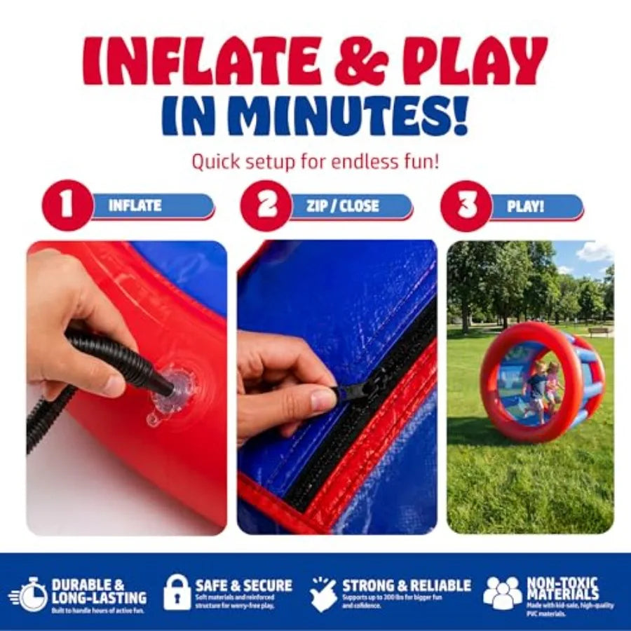 Backyard beach rolling toy for kids and adults: durable PVC blue supports 300 lbs 2-person human hamster wheel ages 5+