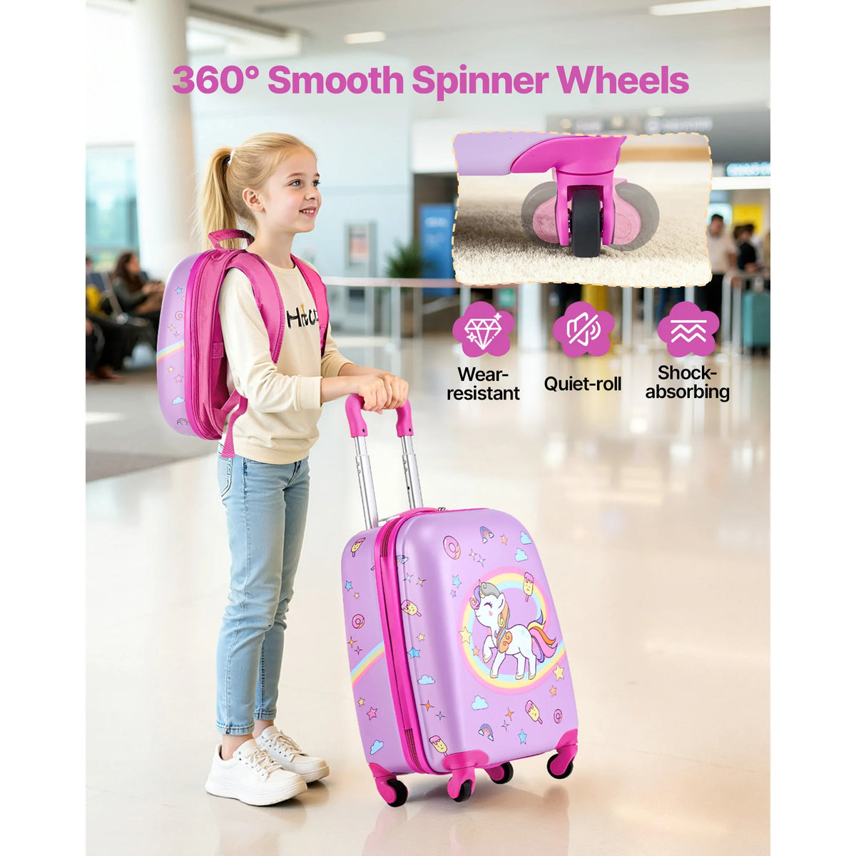 SucceBuy Kids Hardside Luggage Set With Backpack And Rolling Wheels