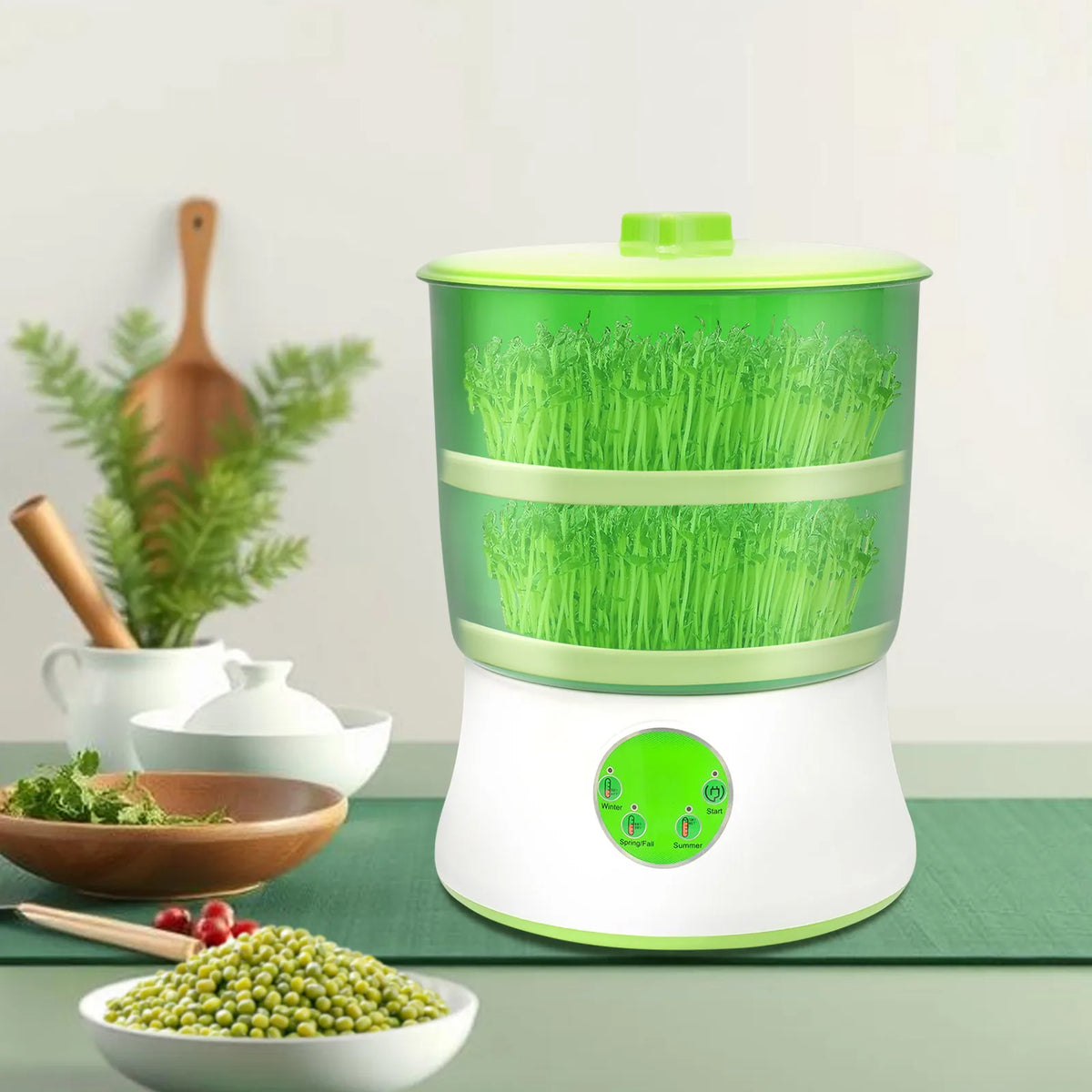 Automatic Bean Sprout Maker with 3 Season Modes, 2-Layer Large Capacity, 360° Rotating Spray, Idea for Home Kitchen