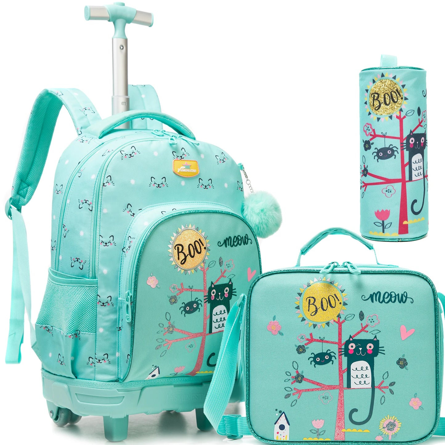 3-Piece Girls Stylish Rolling Backpack Set Perfect for Girls with Wheeled Luggage Lunch Bag Pencil Case for School Travel