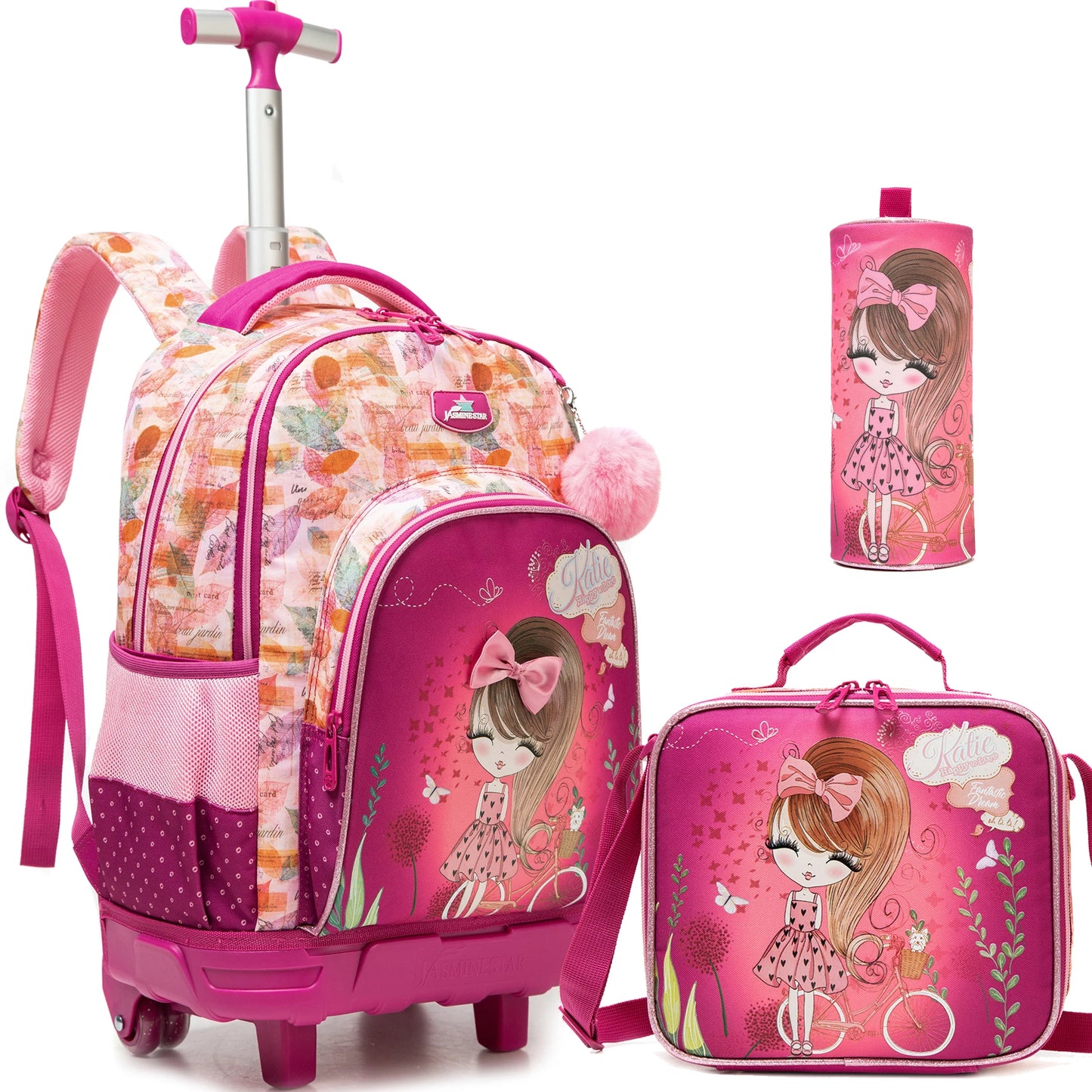3-Piece Girls Stylish Rolling Backpack Set Perfect for Girls with Wheeled Luggage Lunch Bag Pencil Case for School Travel