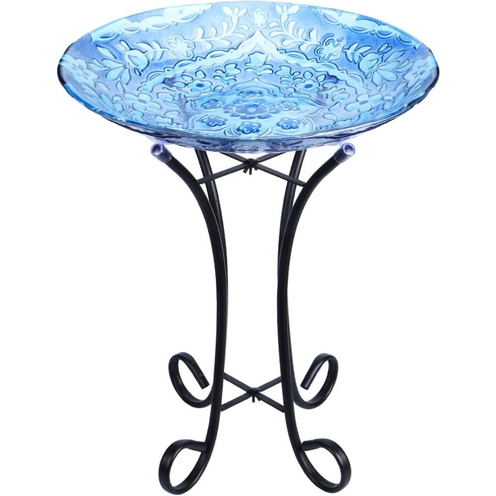 Outdoor Glass Birdbath with Metal Stand for Lawn Yard Garden Decor,18” Dia/21.65 Height