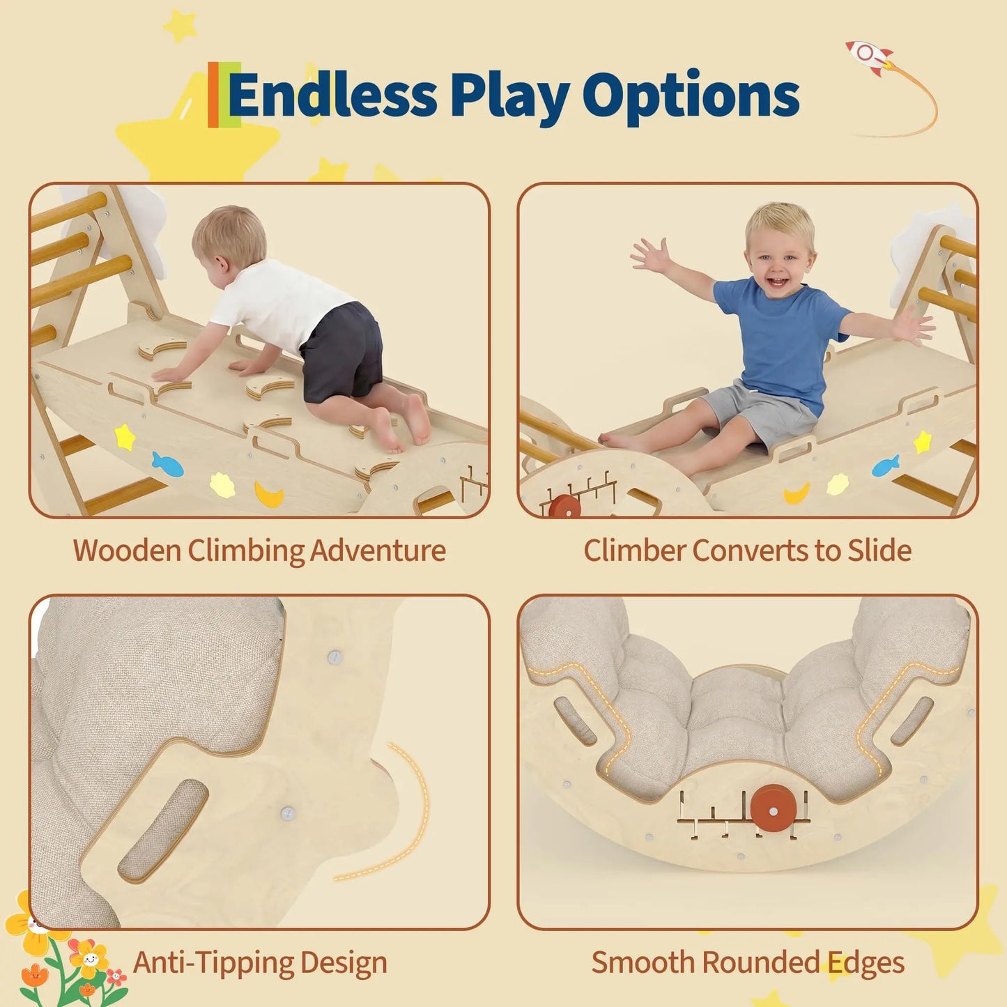 7-in-1 Foldable Pikler Triangle Set For Toddlers, Wooden Indoor Jungle Gym With Reversible Animal Slide, Climbing Ramp Ages 18M-5Y
