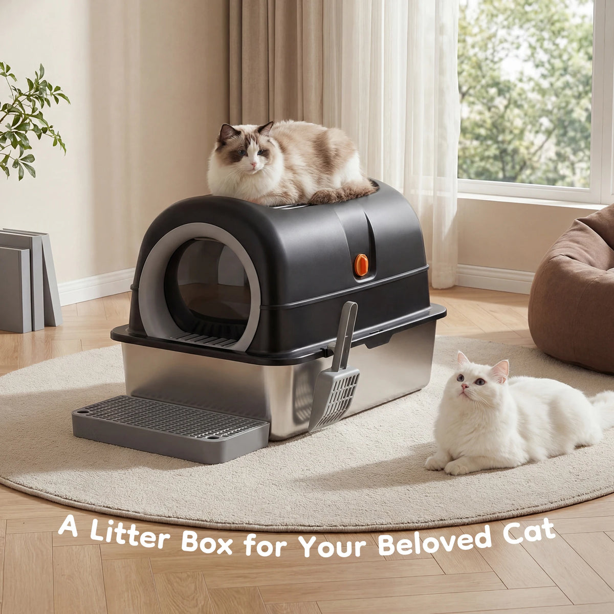 Stainless Steel Fully Enclosed Cat Litter Box With Scoop