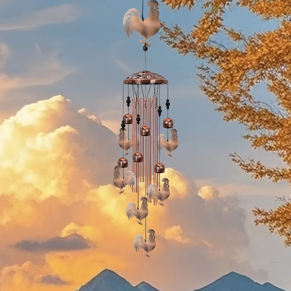 Rooster Wind Chime Outdoor/Indoor - Aluminum Tube Wind Chime with S-Hook, Soothing Sound & Hanging Chicken Cutouts, Garden/Porch