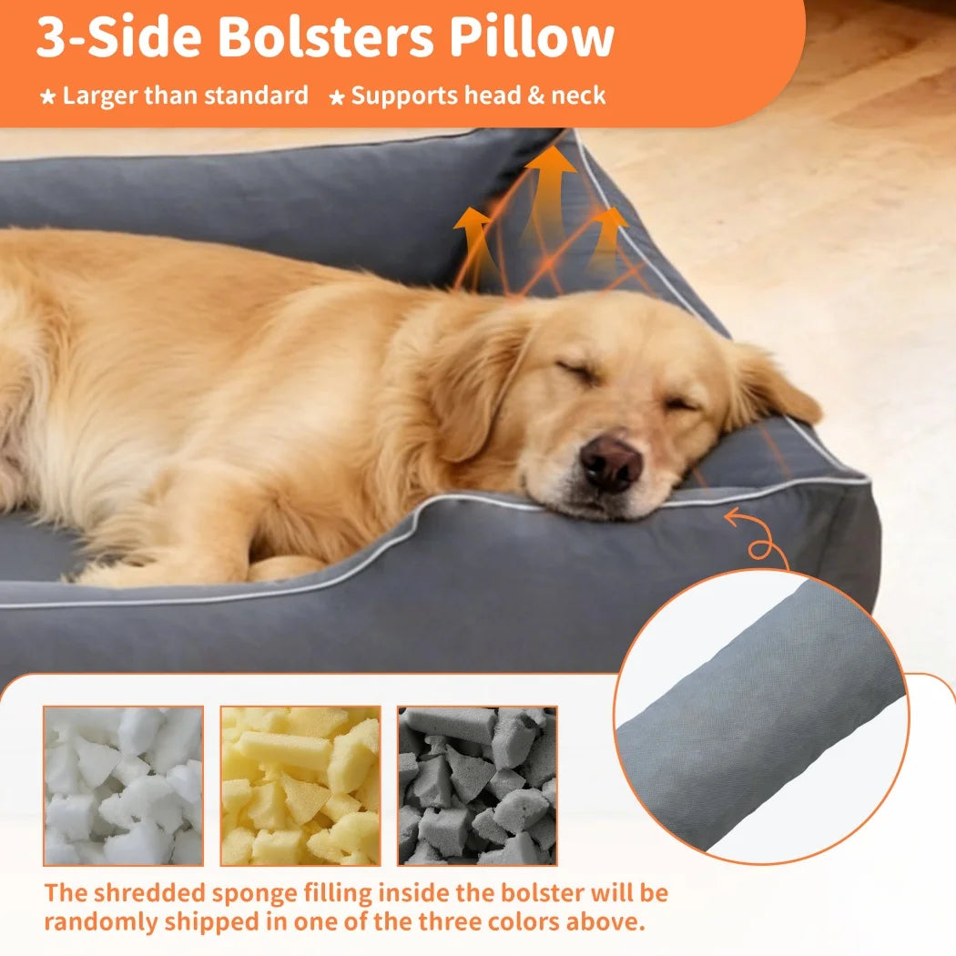 Large Orthopedic Dog Bed Pet Sofa with Bolster Sides Waterproof Liner Pet Couch with Washable Removable Cover and Non-Slip Bottom