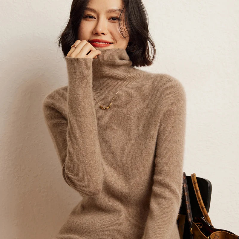 100% Cashmere Sweater Women's Knitted Pullover Sweater High Neck Solid Color Slim Fit Soft Cashmere Basic Women's Sweater