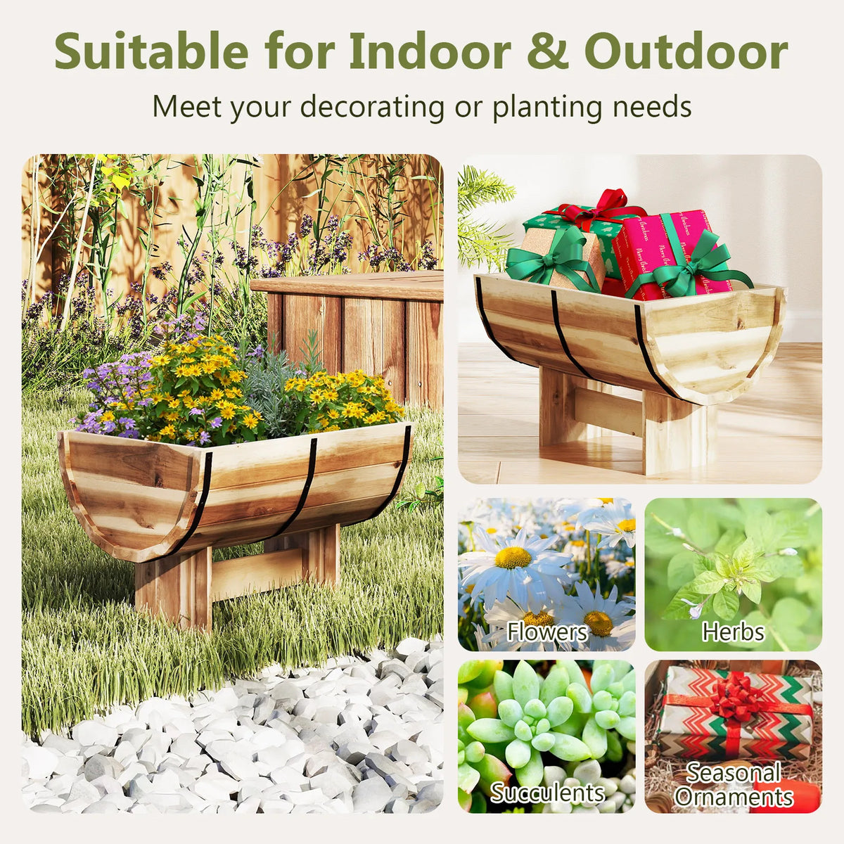 Outdoor Acacia Wood Half Barrel Planter Box With Legs