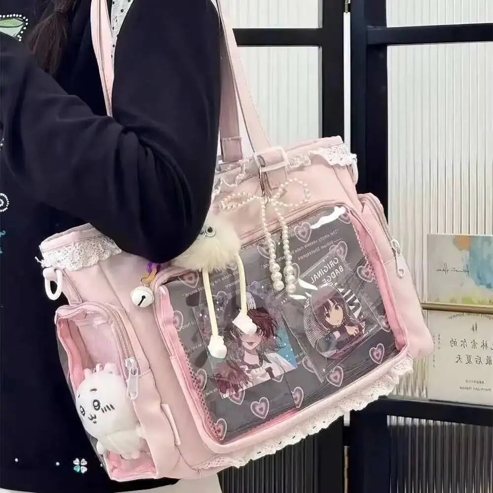 Cute Lolita Ita Transparent Shoulder Tote Bag With Bow Detail