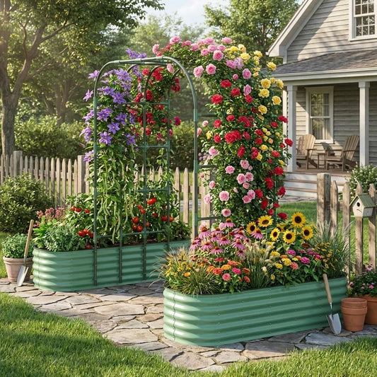 Galvanized Raised Garden Bed with 96in Arch Trellis, Rustproof Expandable Planter Box for Vines Flowers Herbs