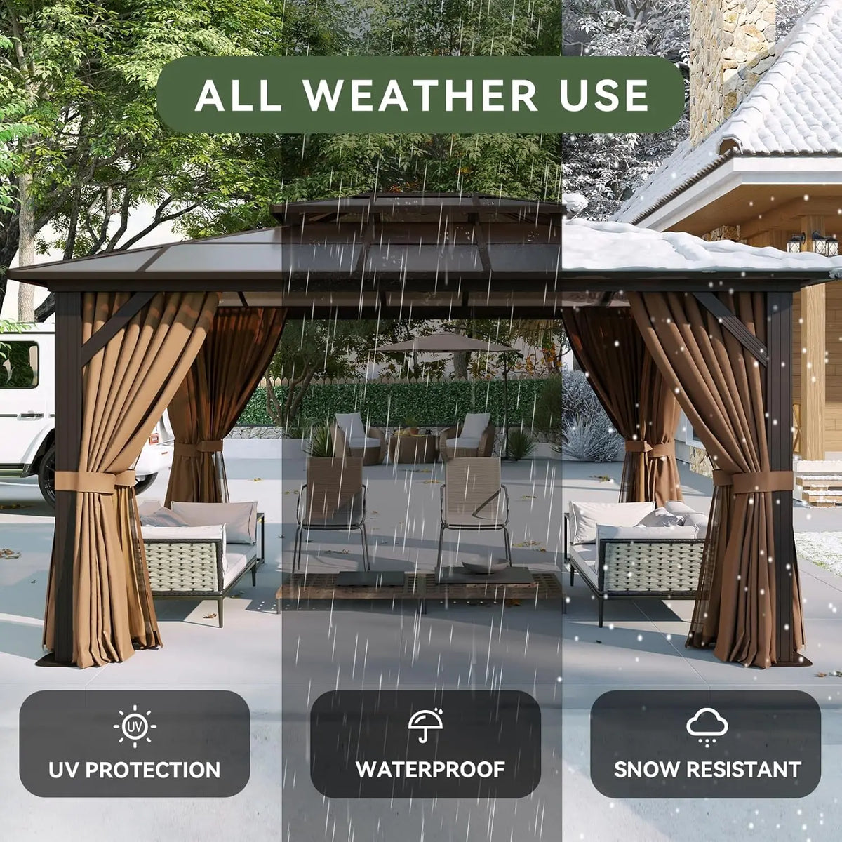 Aluminum Hardtop Gazebo With Curtains Netting And Polycarbonate Roof