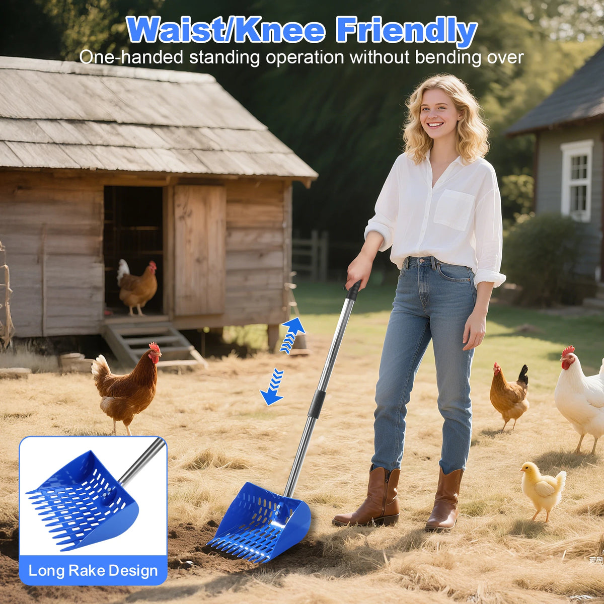 Ergonomic 2-in-1 Chicken Manure Shovel And Rake with Adjustable Handle Durable Sand Screen Garbage Shovel for Cleaning Chicken Coops Pet Waste And Small Farm Animals