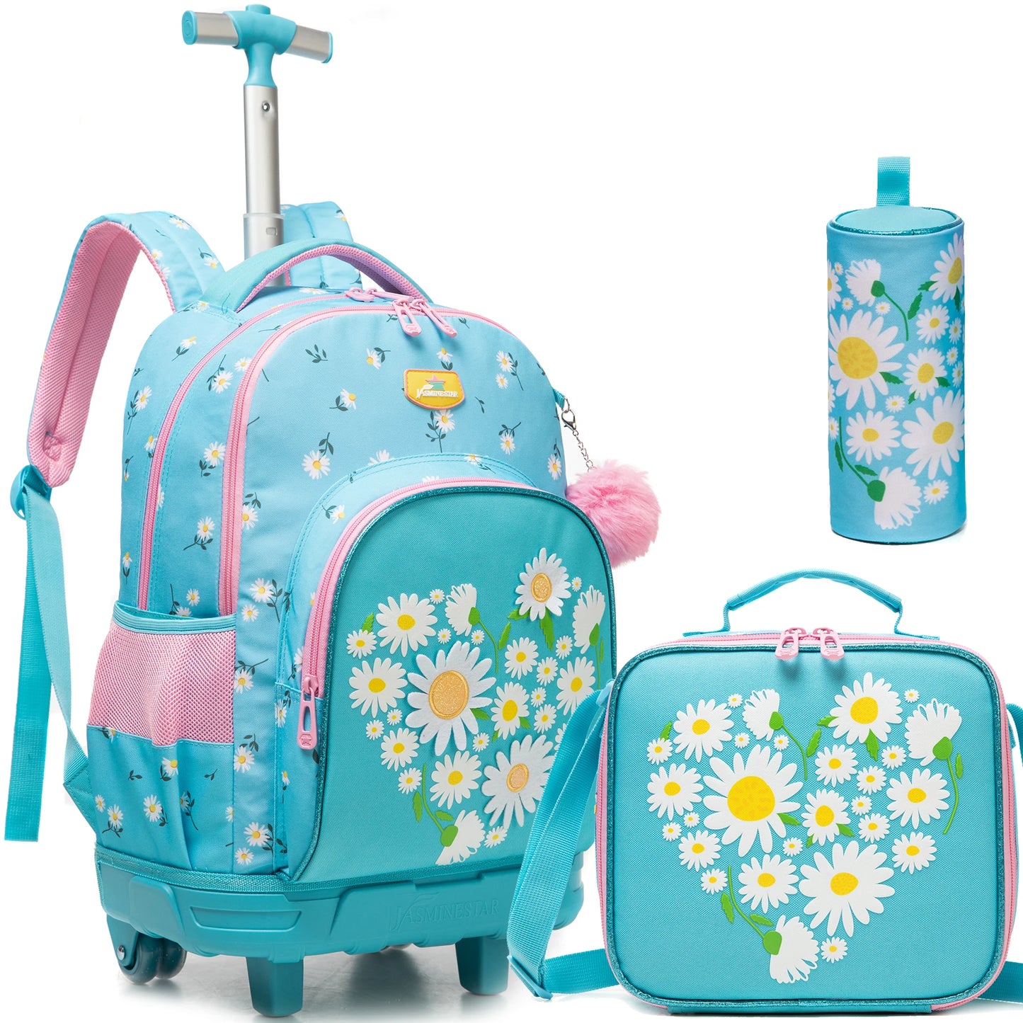 3-Piece Girls Stylish Rolling Backpack Set Perfect for Girls with Wheeled Luggage Lunch Bag Pencil Case for School Travel