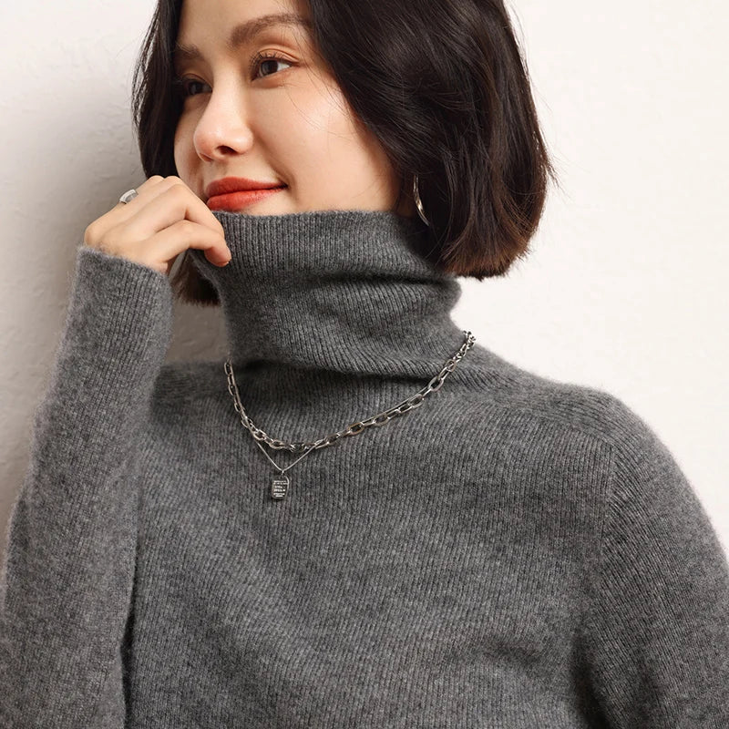 100% Cashmere Sweater Women's Knitted Pullover Sweater High Neck Solid Color Slim Fit Soft Cashmere Basic Women's Sweater