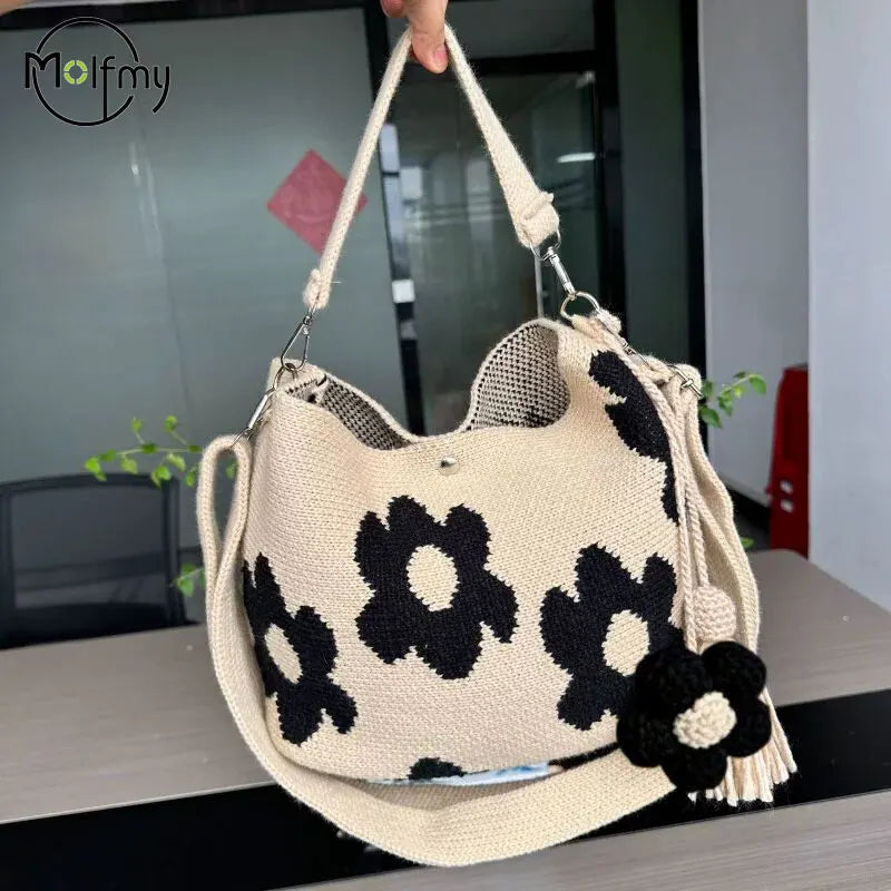 Handmade Crochet Flower Tote Bag Knit Floral Purse Crossbody Crochet Handbags for Women Boho Beach Crochet Purse Shoulder Bag