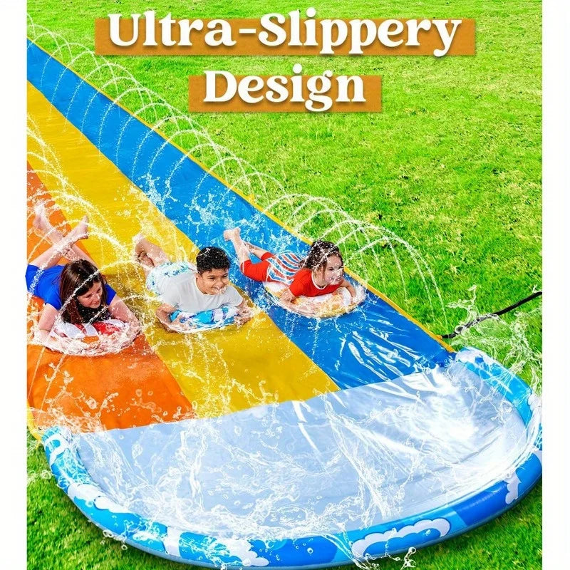Joyfy 22.5ft Triple Water Slide Heavy Duty Lawn Water Slip and Slides with 3 Body Boards for Kids Adults Backyard Summer Party