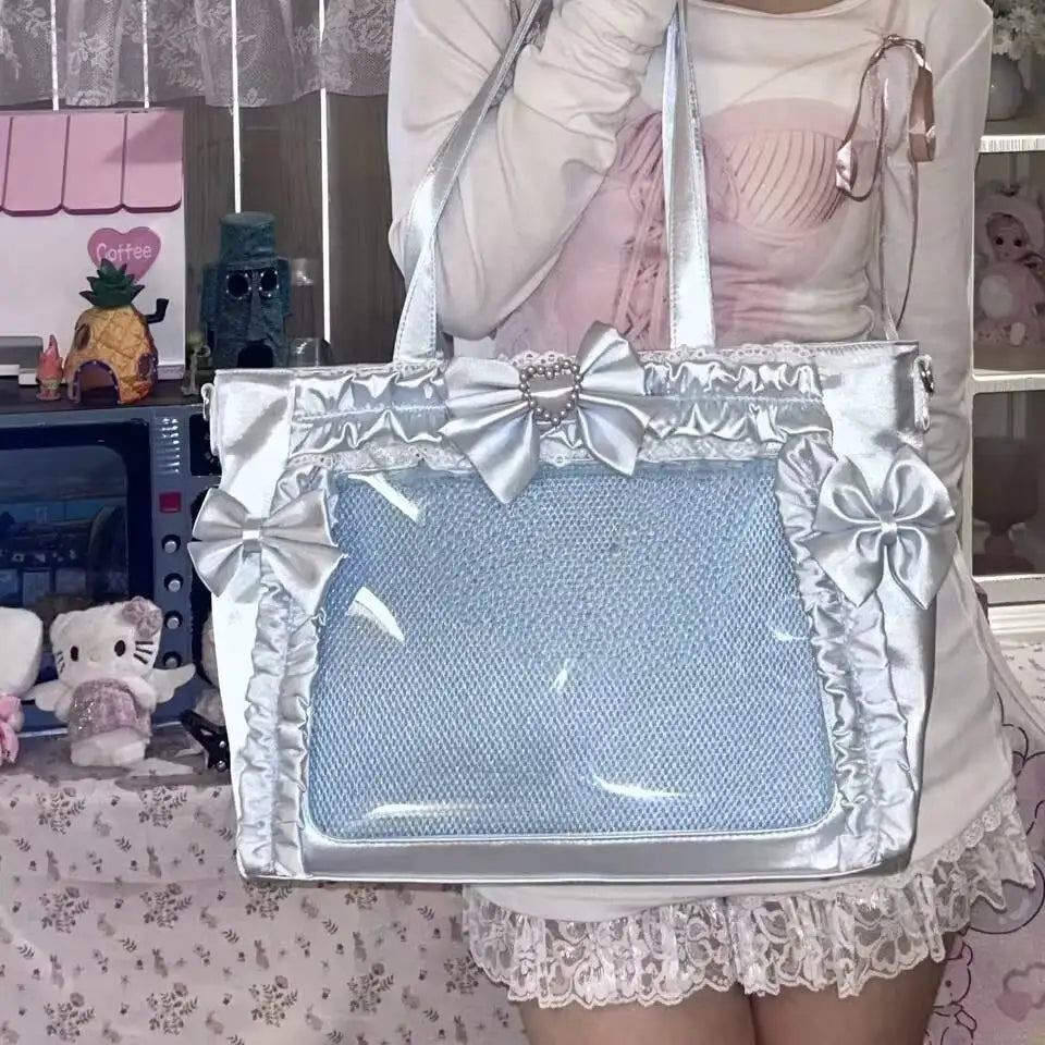 Cute Lolita Ita Transparent Shoulder Tote Bag With Bow Detail
