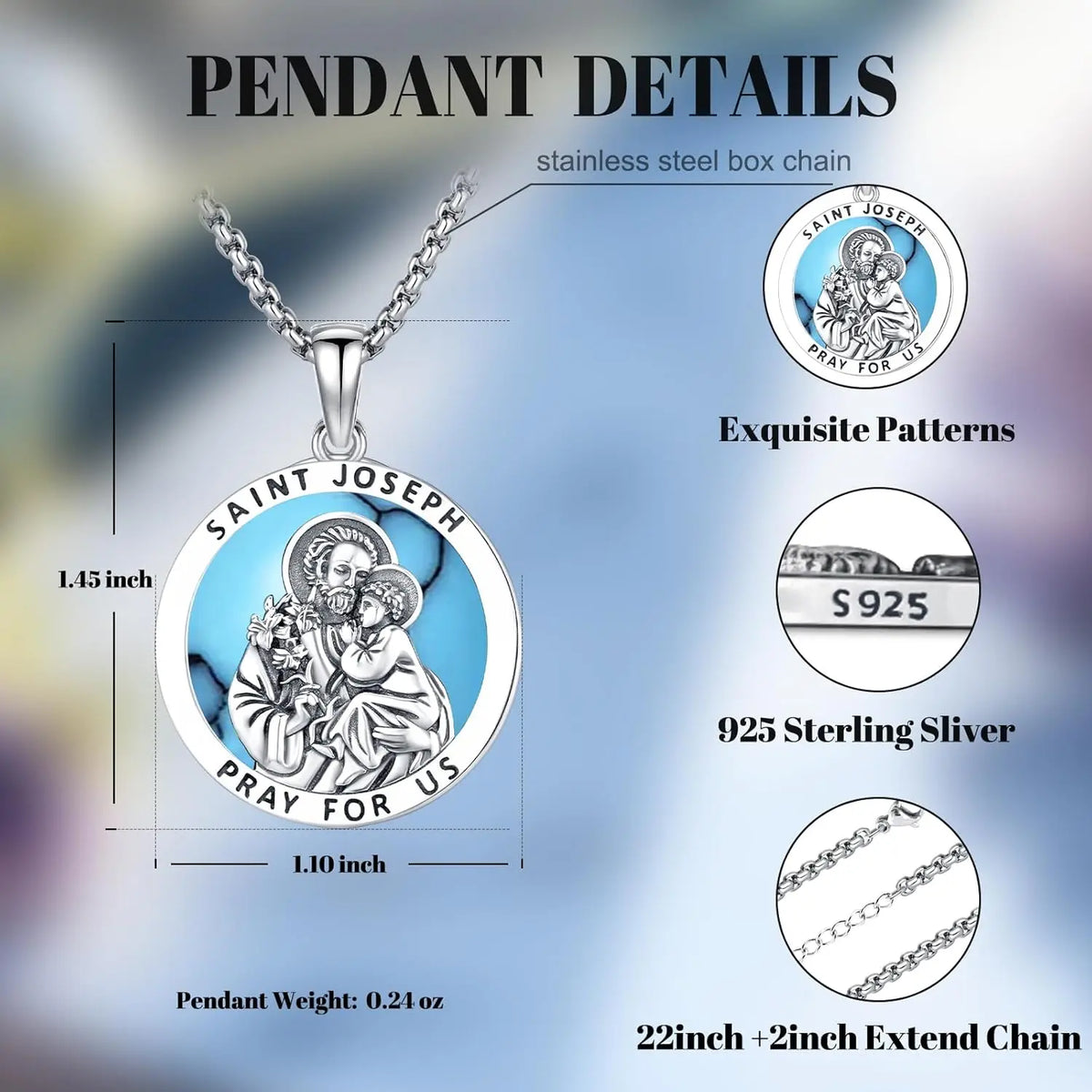 DRINSPER 925 Sterling Silver Saint Joseph Medal Protection Necklace