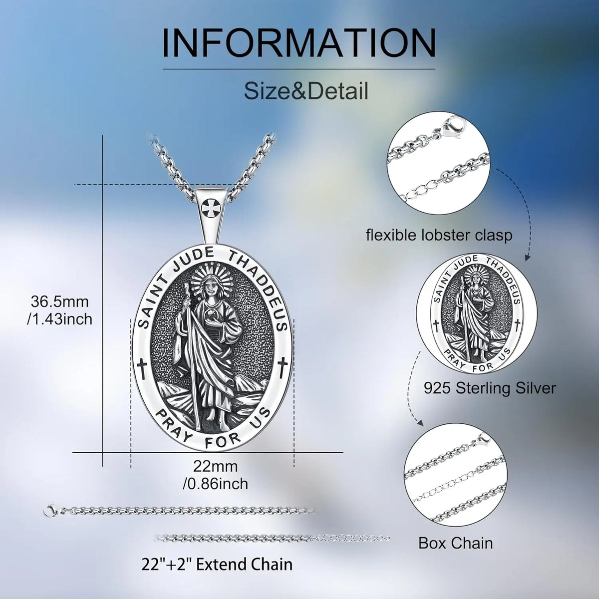 DRINSPER Sterling Silver Saint Jude Pendant Necklace for Unisex