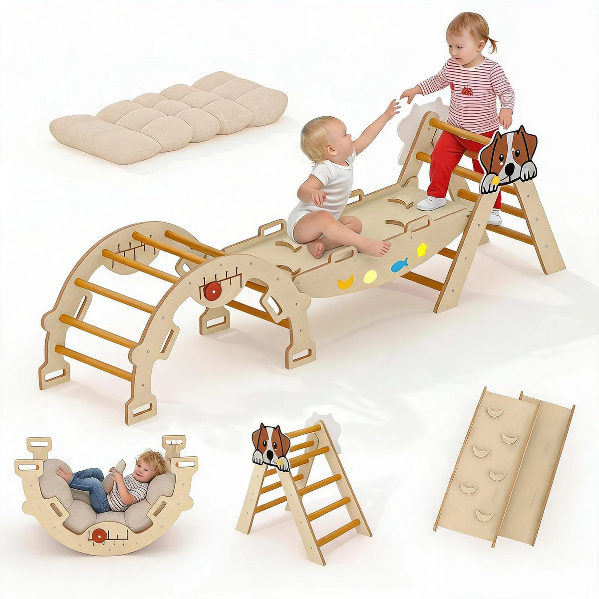 7-in-1 Foldable Pikler Triangle Set For Toddlers, Wooden Indoor Jungle Gym With Reversible Animal Slide, Climbing Ramp Ages 18M-5Y