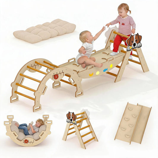 7-in-1 Foldable Pikler Triangle Set For Toddlers, Wooden Indoor Jungle Gym With Reversible Animal Slide, Climbing Ramp Ages 18M-5Y