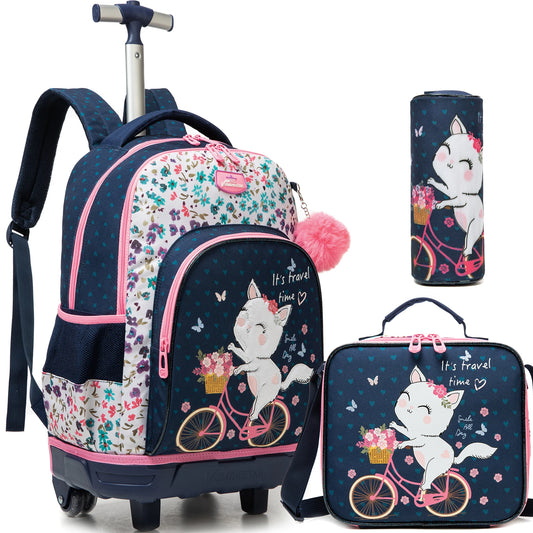3-Piece Girls Stylish Rolling Backpack Set Perfect for Girls with Wheeled Luggage Lunch Bag Pencil Case for School Travel