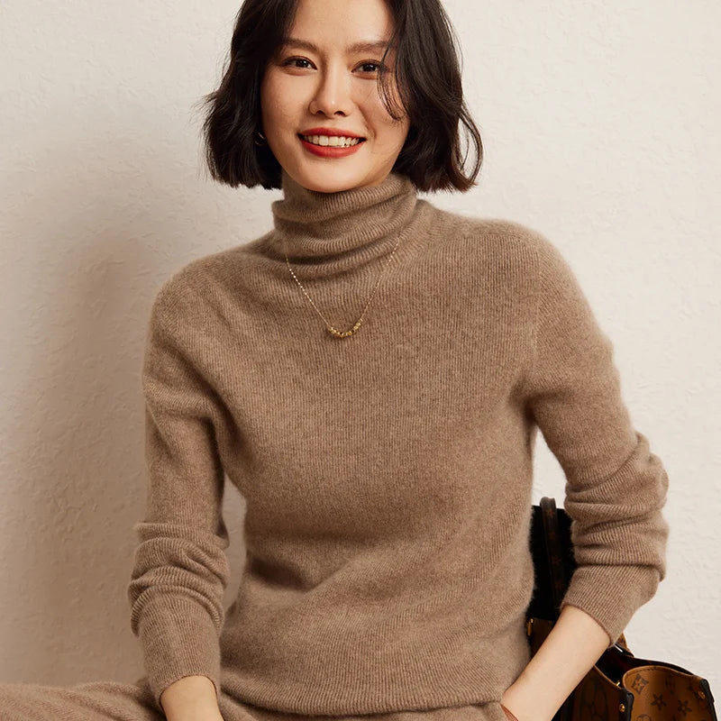 100% Cashmere Sweater Women's Knitted Pullover Sweater High Neck Solid Color Slim Fit Soft Cashmere Basic Women's Sweater