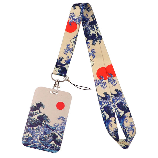 Art Japanese Waves Card Holder Lanyard Neck Strap for Key ID Card Phone Straps Badge Holder DIY Hanging Rope Cosplay Accessories