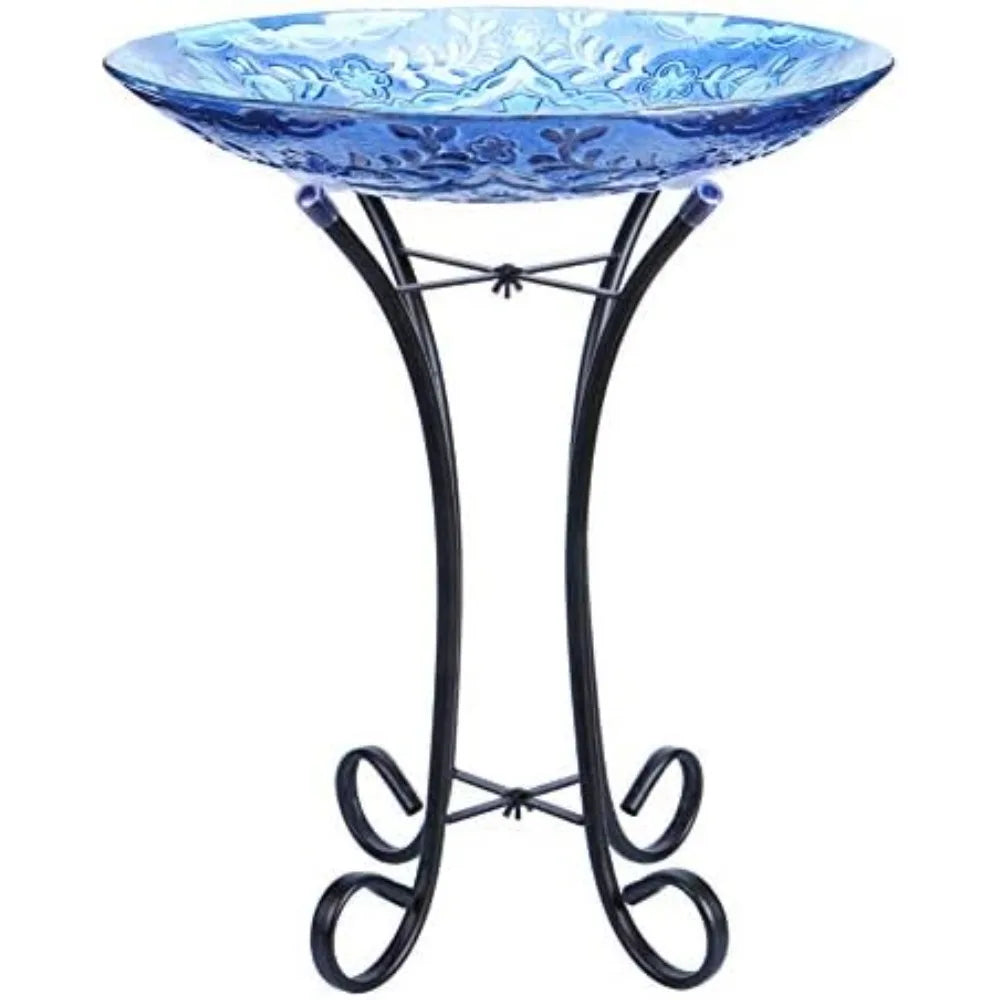 Outdoor Glass Birdbath with Metal Stand for Lawn Yard Garden Decor,18” Dia/21.65 Height