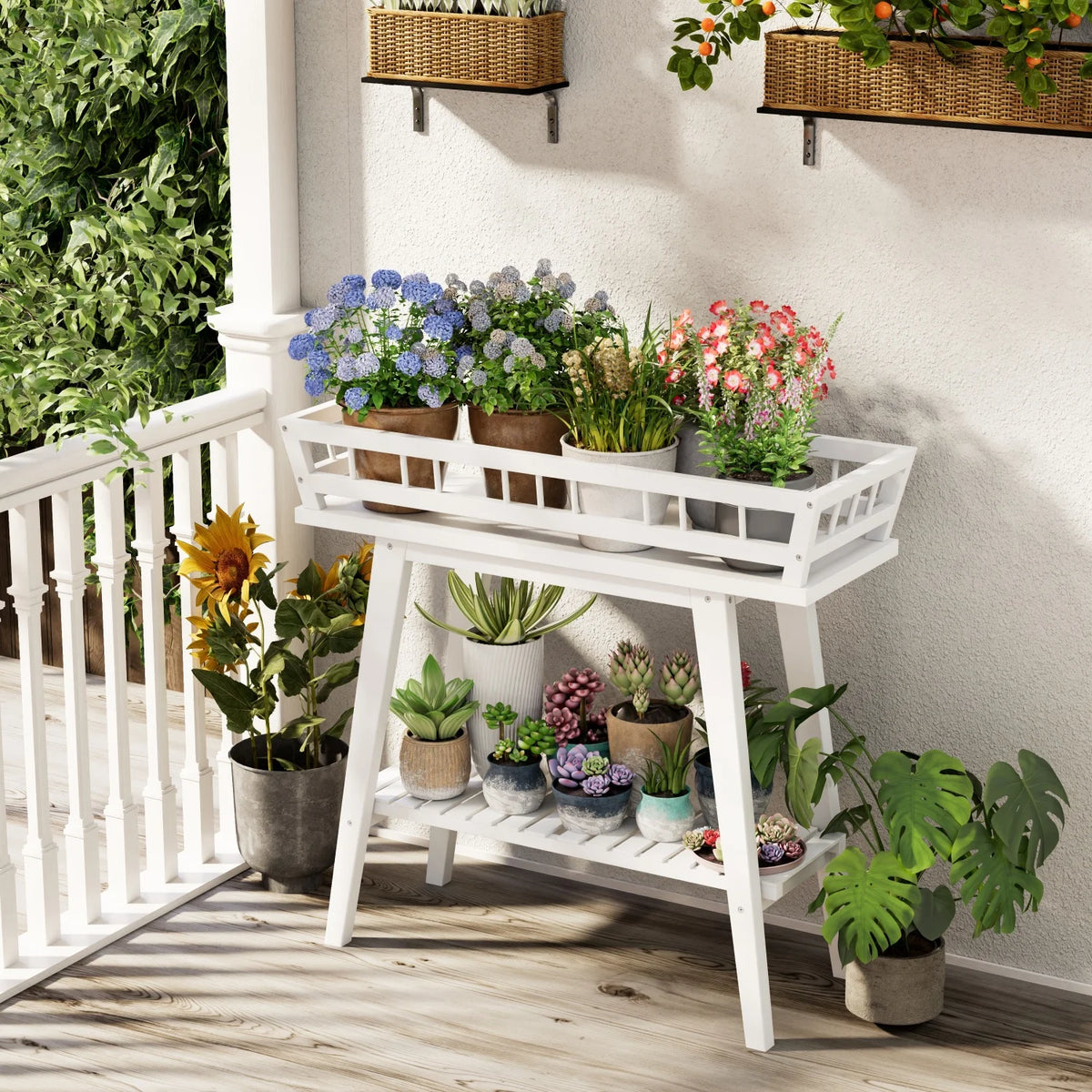 Bamboo Two Tier Plant Stand Shelf and Flower Pot Holder