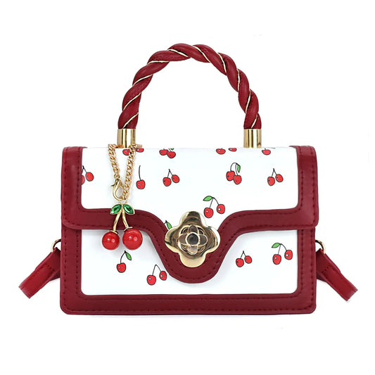 Womens Cherry Print Handbag With Twist Handle And Removable Strap