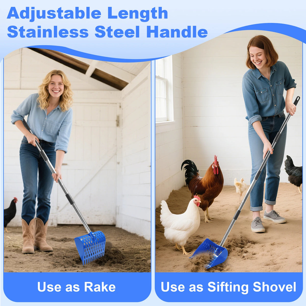 Ergonomic 2-in-1 Chicken Manure Shovel And Rake with Adjustable Handle Durable Sand Screen Garbage Shovel for Cleaning Chicken Coops Pet Waste And Small Farm Animals