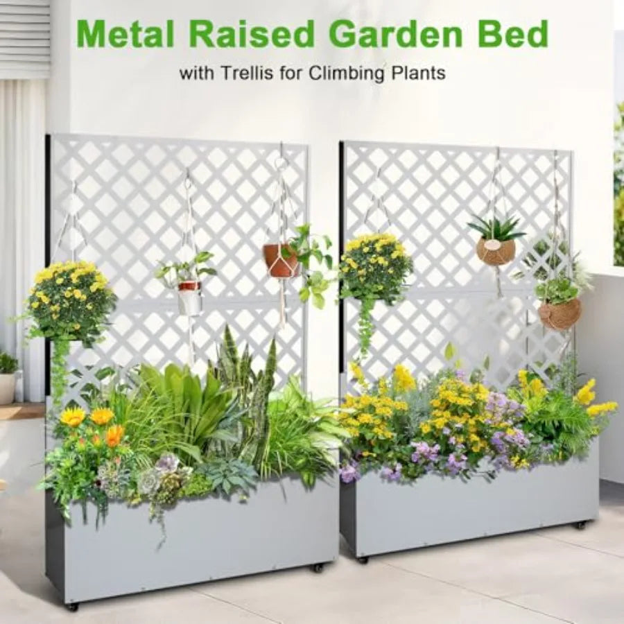 Metal Raised Garden Planter Box With Trellis And Wheels