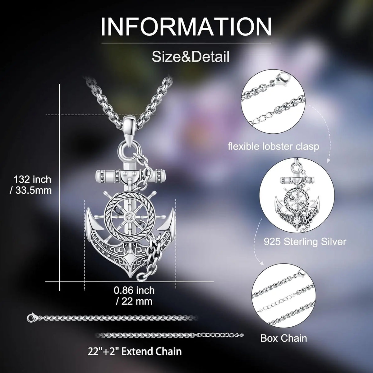 DRINSPER Sterling Silver Compass Pendant Necklace for Men and Women