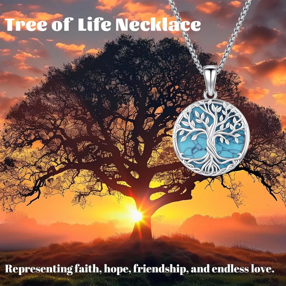 DRINSPER Sterling Silver Tree Of Life Turquoise Pendant Necklace
