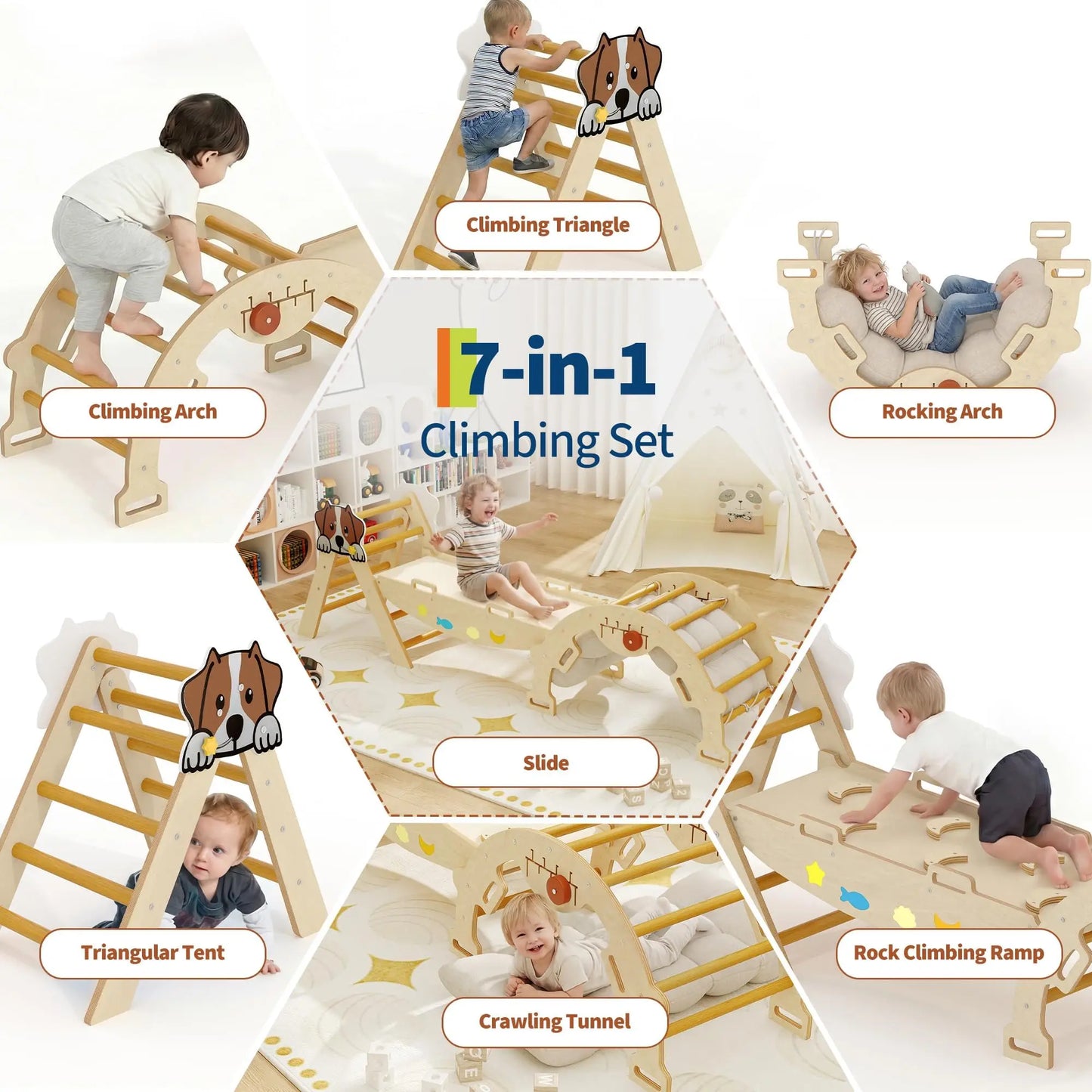 7-in-1 Foldable Pikler Triangle Set For Toddlers, Wooden Indoor Jungle Gym With Reversible Animal Slide, Climbing Ramp Ages 18M-5Y