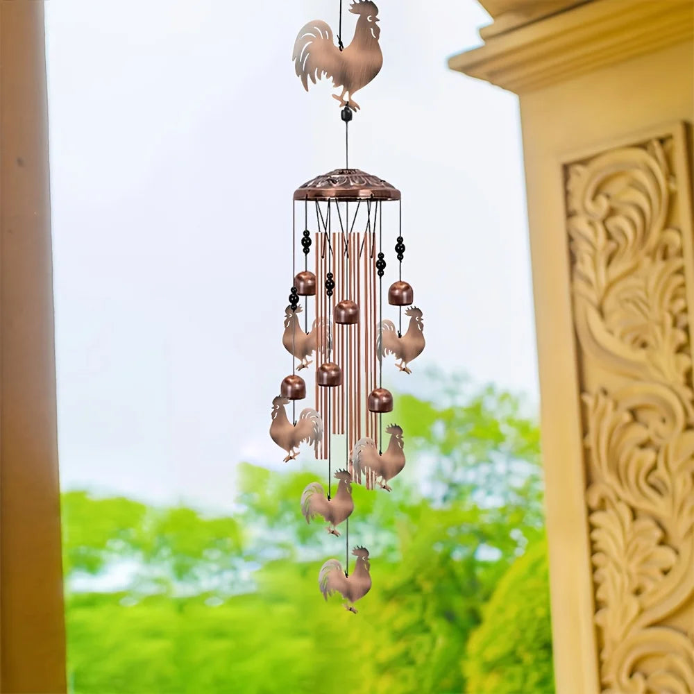 Rooster Wind Chime Outdoor/Indoor - Aluminum Tube Wind Chime with S-Hook, Soothing Sound & Hanging Chicken Cutouts, Garden/Porch