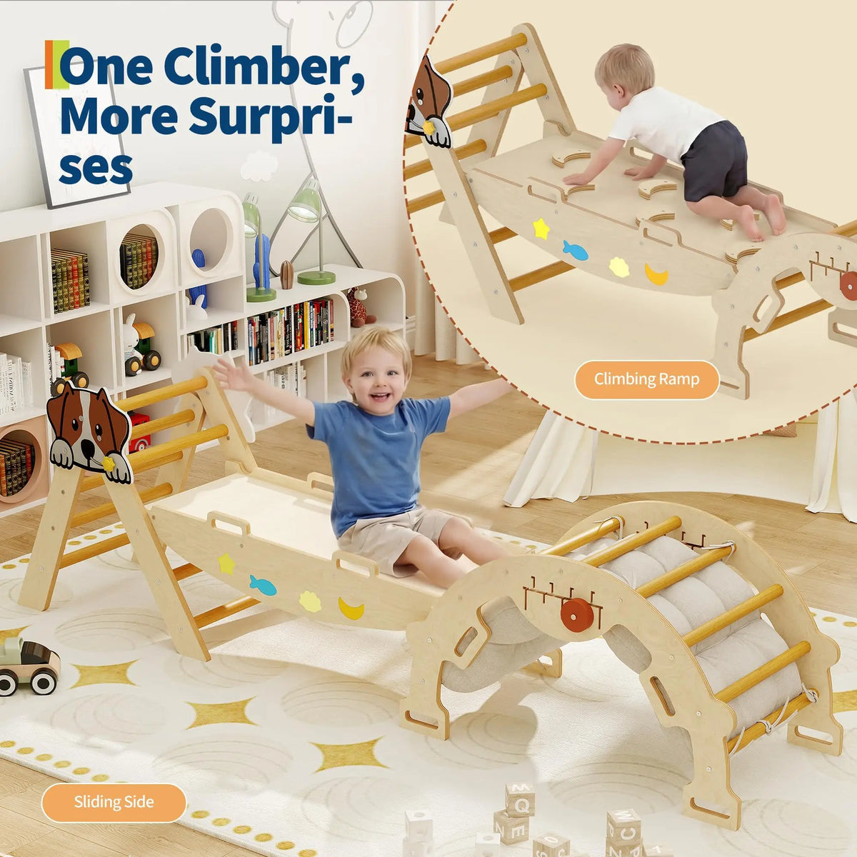 7-in-1 Foldable Pikler Triangle Set For Toddlers, Wooden Indoor Jungle Gym With Reversible Animal Slide, Climbing Ramp Ages 18M-5Y