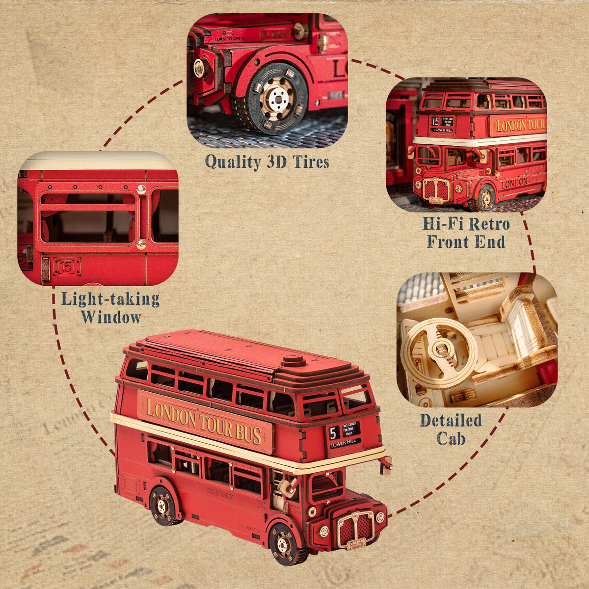 Rolife 3D Wooden Puzzle London Tour Bus DIY Wood Car Model Building Kit Educational Brain Teaser Toy for Kid Gifts for Adults