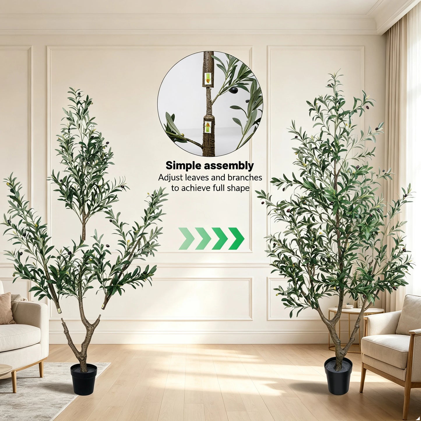 1.5/1.8/2.1m Artificial Olive Tree PE Real Touch Faux Olive Tree with Black Pot Outdoor Indoor Artificial Plants with Natural Wood Trunk and Lifelike Fruits for Home Office Decor